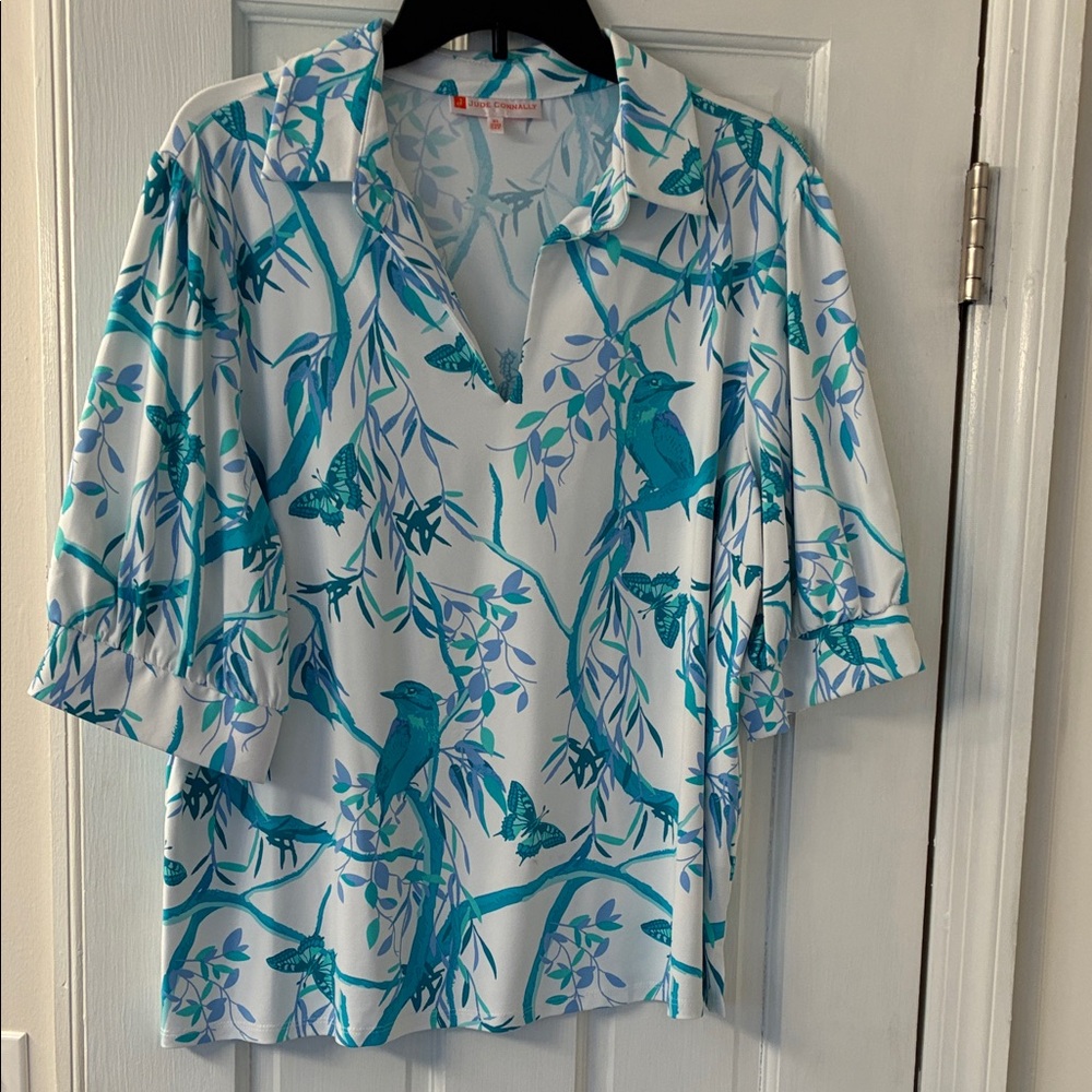 Jude Connally Teal and White Leaf Print Blouse